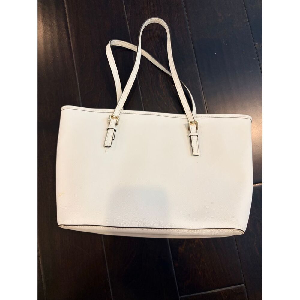 Michael Kors White Saffiano Leather Tote Bag Gold MK Charm Shoulder Purse EUC Ch - Picture 3 of 8